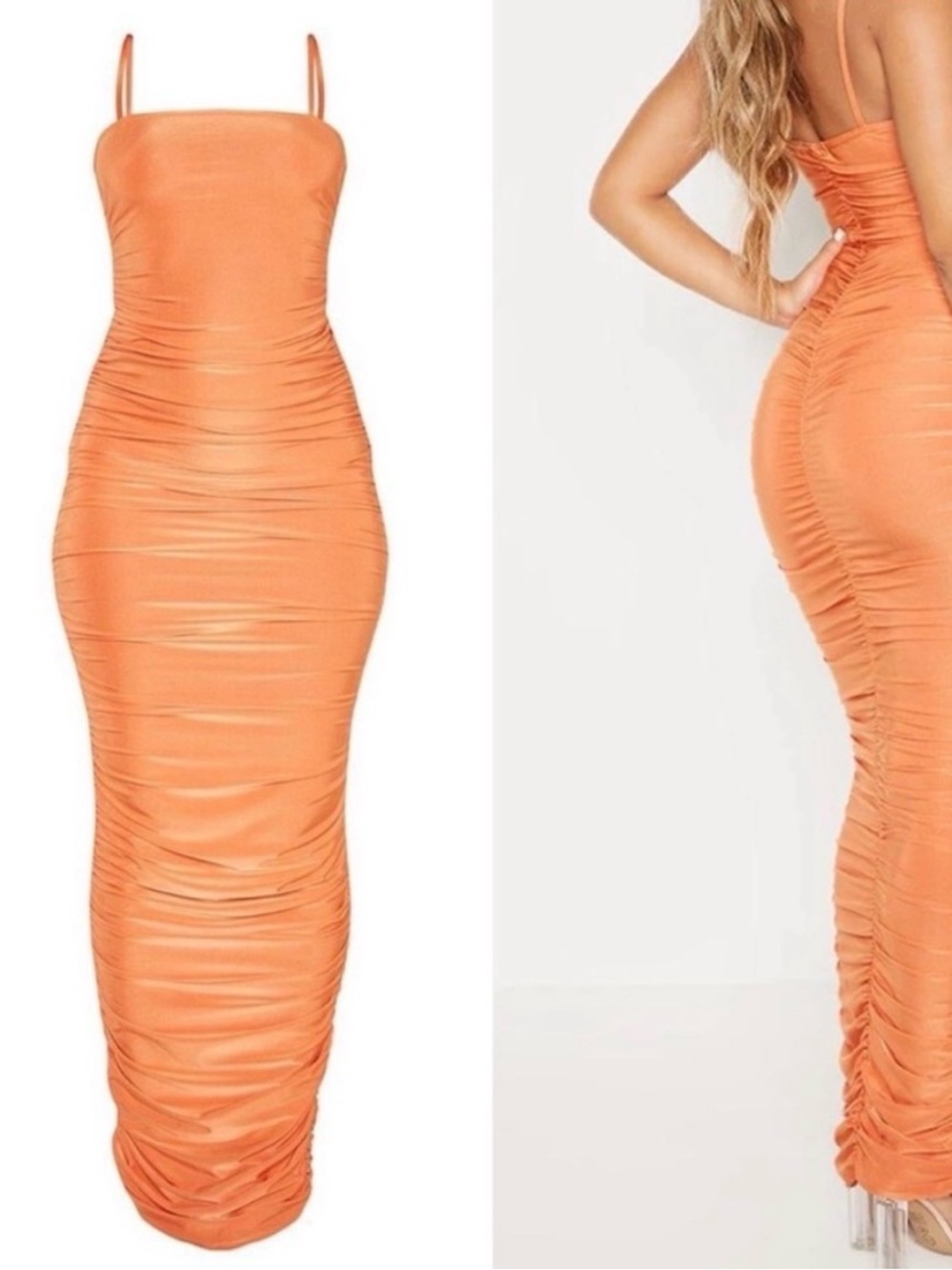 PrettyLittleThing Orange Ruched Spaghetti-Strap Maxi Dress